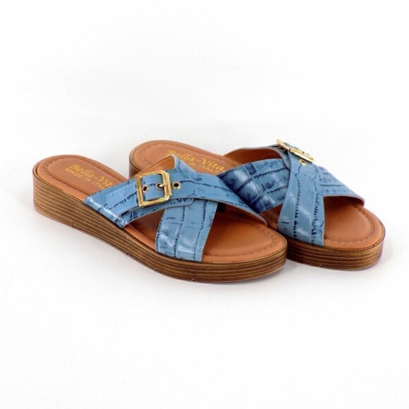 Bella Vita Slide Sandals Leather Size 6 Denim Blue Italy Croco Embossed - Picture 2 of 8